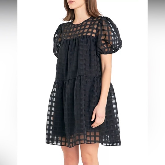 English Factory | Black Gridded Organza Puff Sleeve Mini Party Dress- Small EUC - Picture 3 of 5
